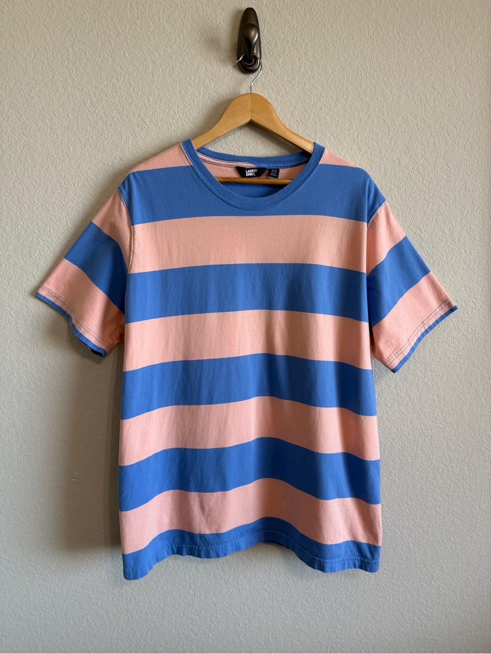 Lands End Pink Blue Stripe Rugby Style Classic Crewneck Short Sleeve T Shirt XXL